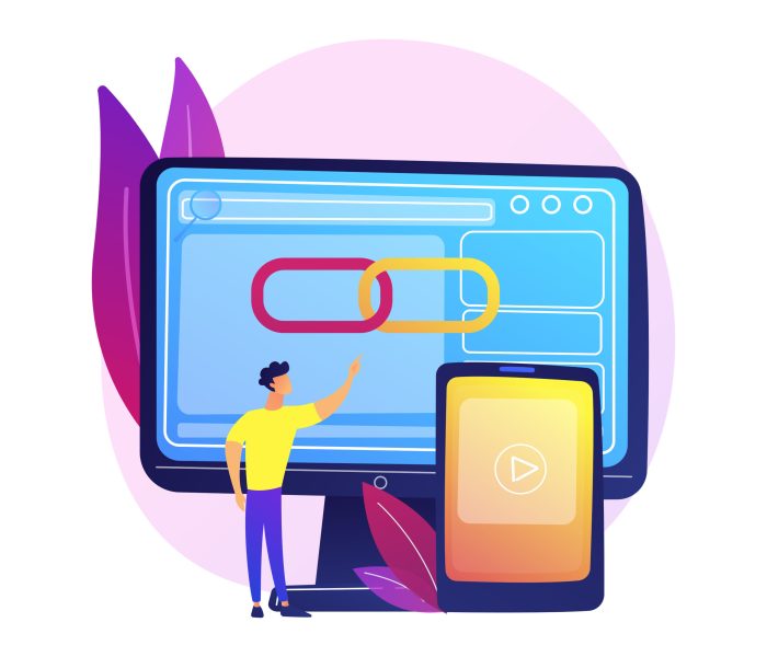 Media player, software, computer application. Geolocation app, location determination function. Male implementor, programmer cartoon character. Vector isolated concept metaphor illustration.