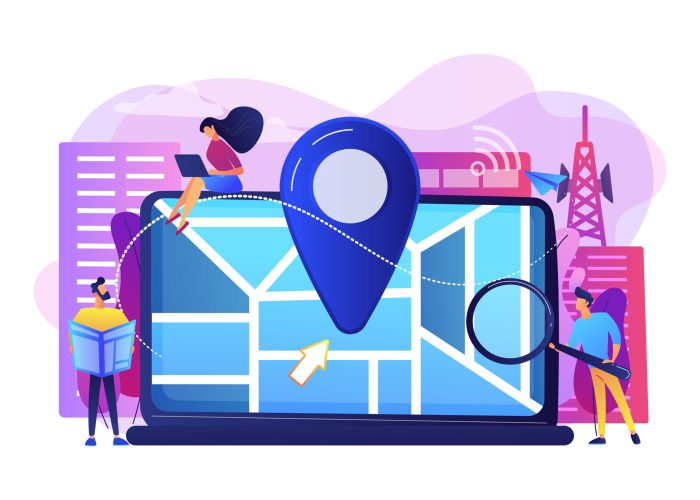 Digital GPS application for smartphones. Geotag sign on city map. Local search optimization, search engine targeting, local SEO strategy concept. Bright vibrant violet vector isolated illustration